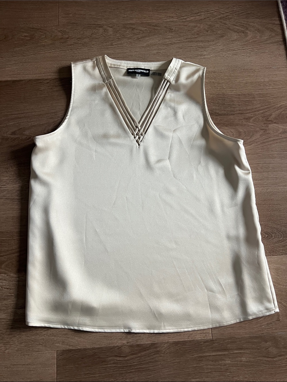 Karl Lagerfeld Cream V-Neck Sleeveless Shell with Pleated Trim